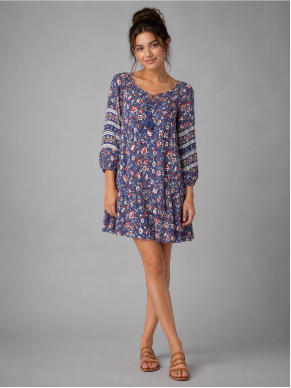 Old Navy Blue Floral Mini Dress XS Rayon Bell Sleeve Lined Tassel Tie